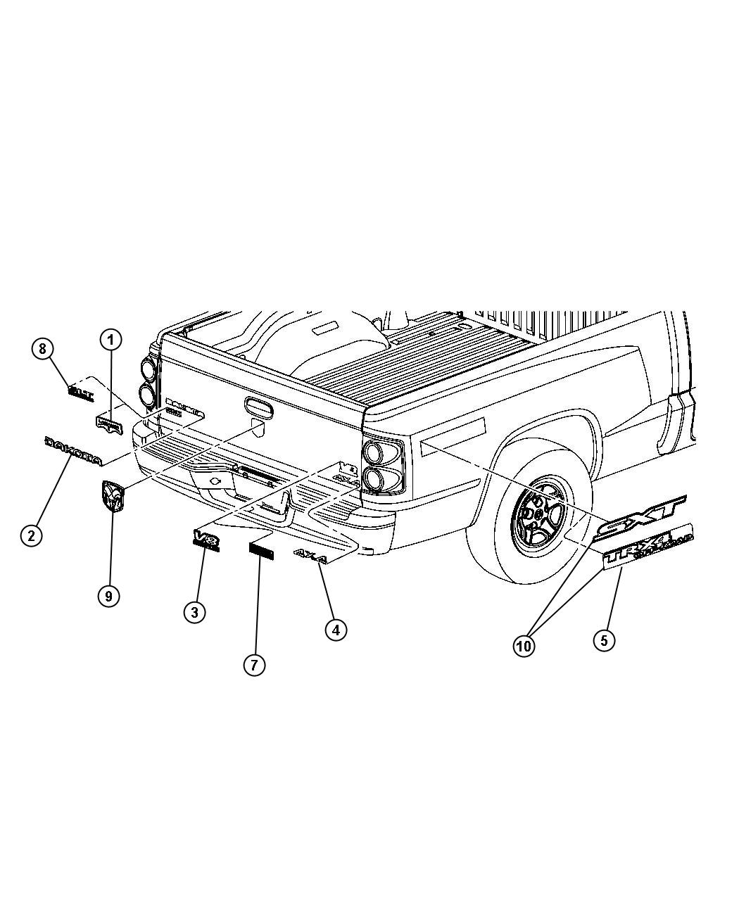 Diagram Nameplates, Emblems and Medallions. for your Dodge Dakota  