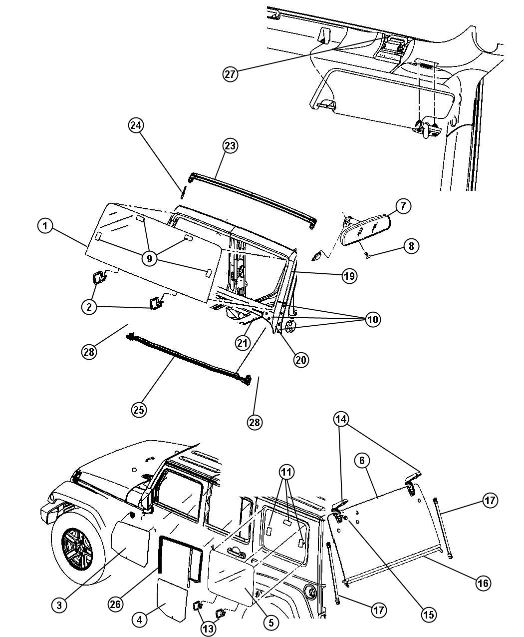 Diagram Glass, Glass Hardware and Interior Mirror. for your Jeep Wrangler  