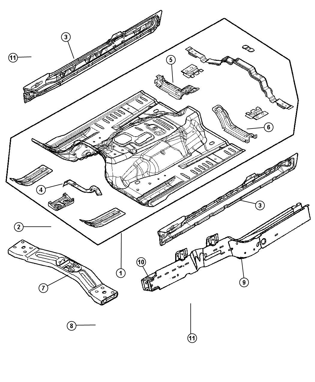 Diagram Front Floor Pan. for your 2002 Chrysler 300  M 