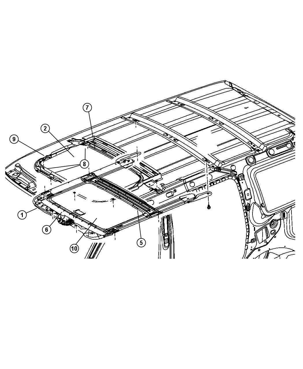 Diagram Sunroof Glass and Component Parts. for your Jeep Commander  