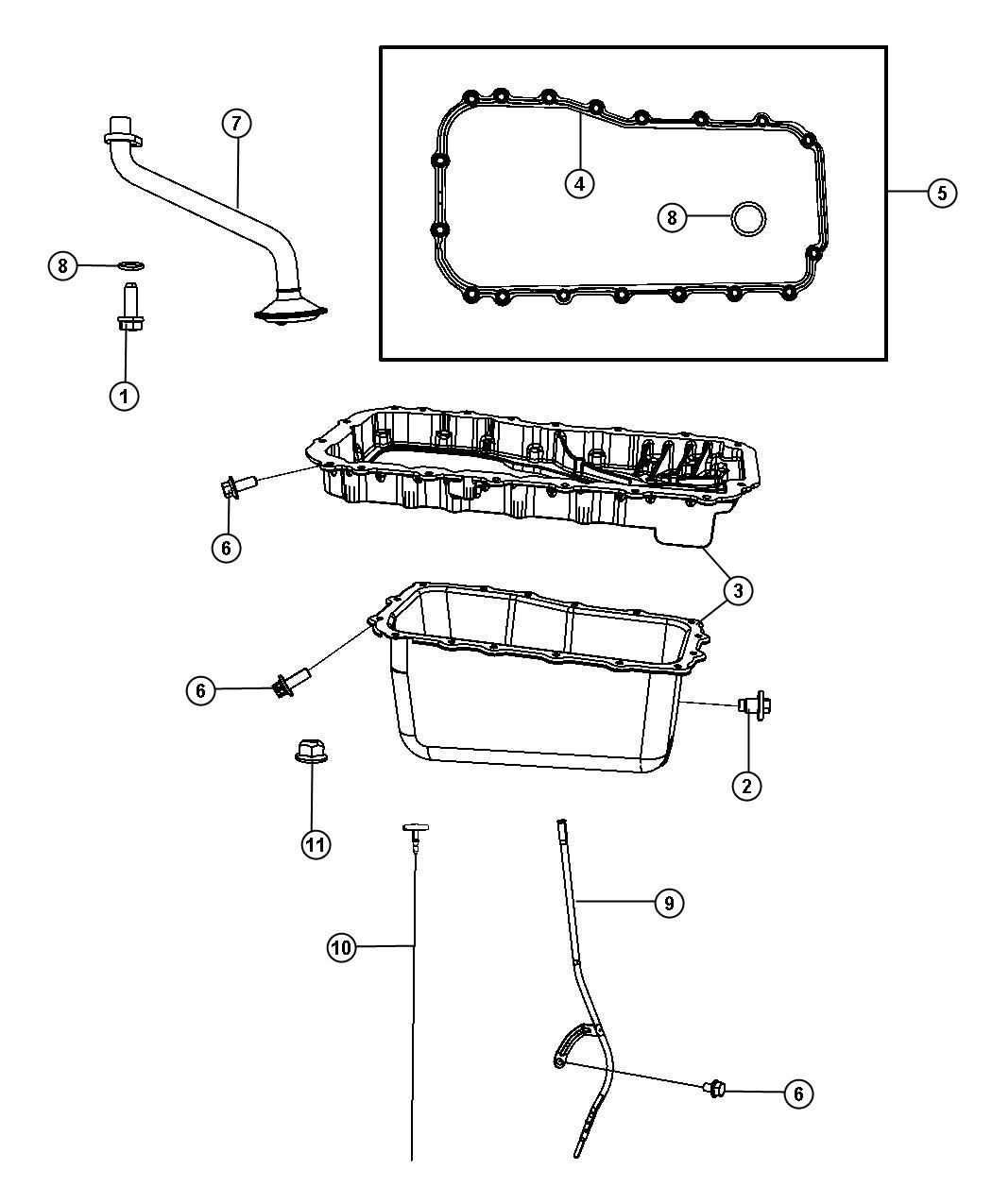 Diagram Engine Oil Pan, Engine Oil Level Indicator, And Related Parts 3.8L [3.8L V6 SMPI Engine]. for your 2014 Chrysler Town & Country   