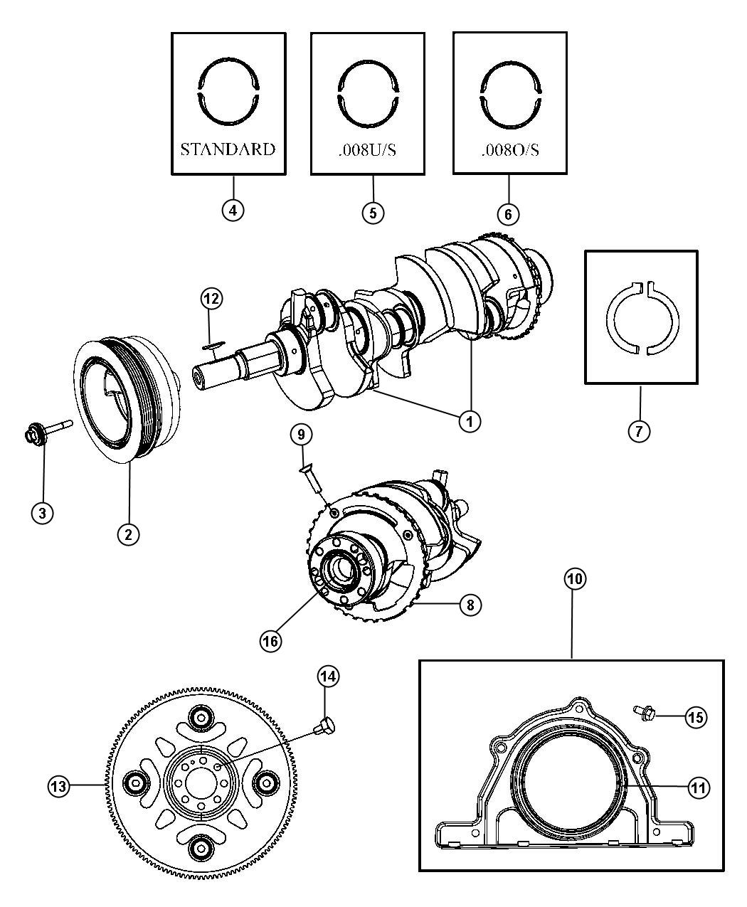 Diagram Crankshaft, Crankshaft Bearings, Damper And Flexplate 6.1L [6.1L SRT HEMI SMPI V8 Engine]. for your Jeep