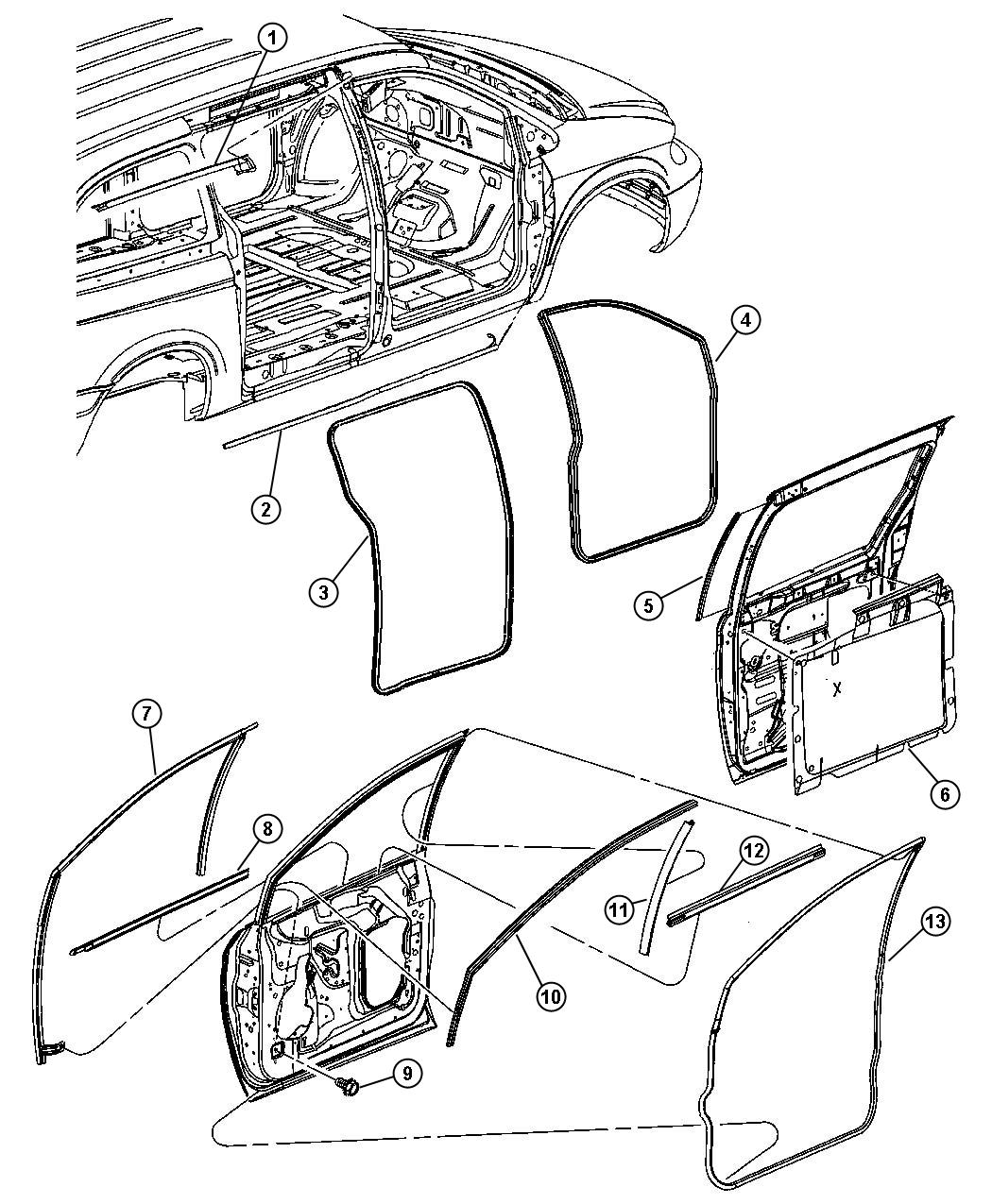 Weatherstrips, Front Door. Diagram