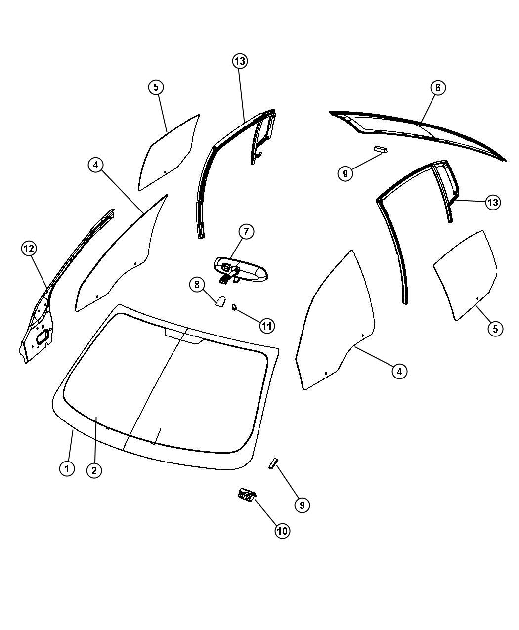 Diagram Glass, Glass Hardware and Interior Mirrors. for your 2010 Chrysler PT Cruiser   