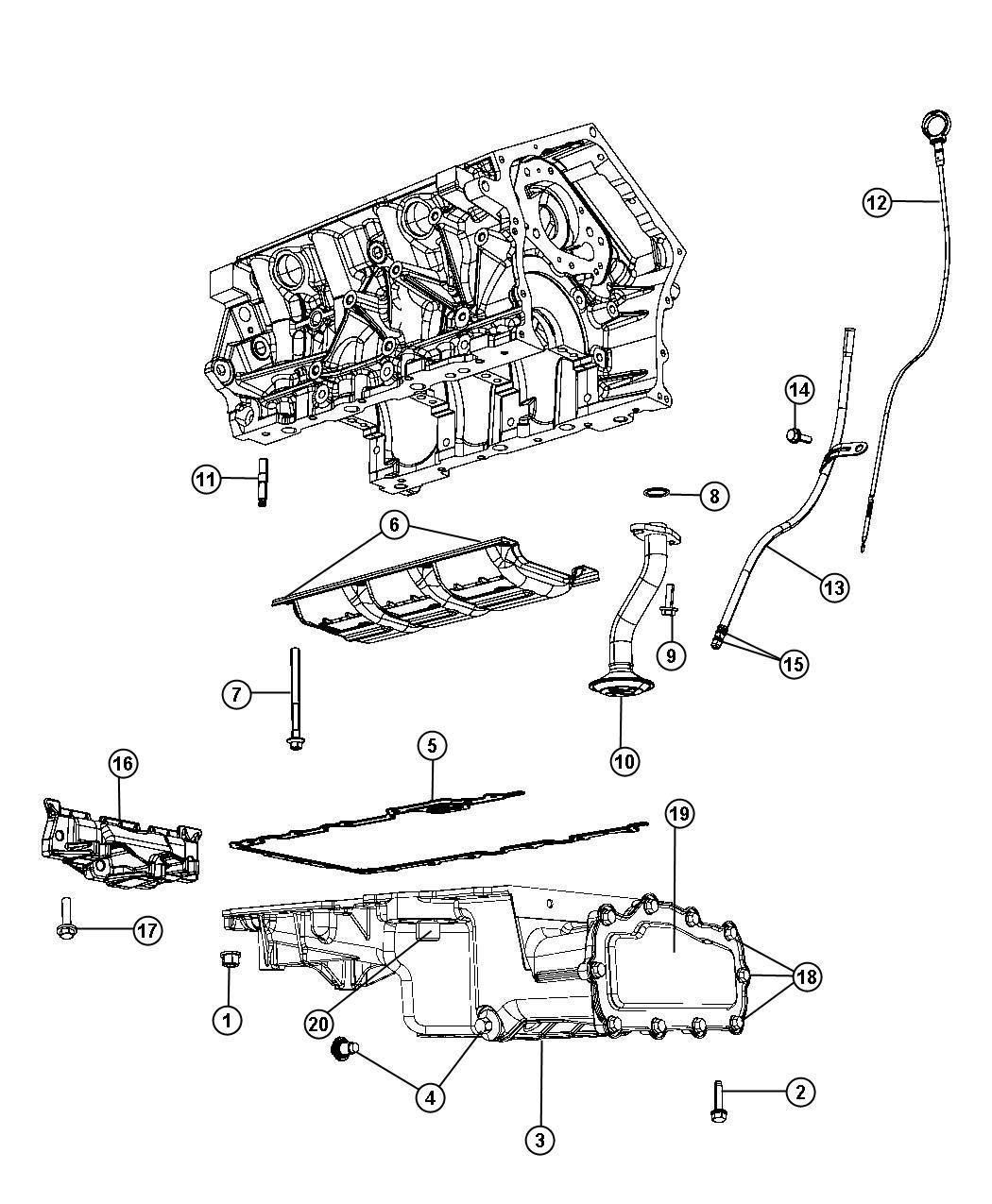 Diagram Engine Oil Pan, Engine Oil Level Indicator And Related Parts 2.7L [2.7L V6 DOHC 24 Valve MPI Engine]. for your Dodge Journey  