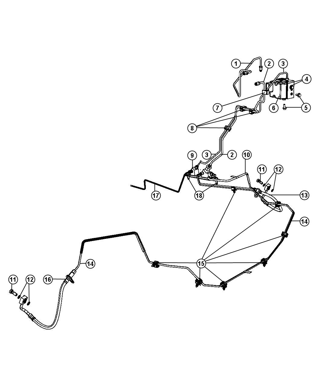 Diagram HCU, Brake Tubes and Hoses, Front, [4 Wheel Disc Rr Anti-Lock Brakes]. for your 2008 Dodge Ram 1500   