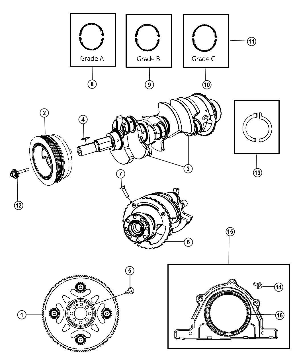 Diagram Crankshaft, Crankshaft Bearings, Damper, And Flywheel 5.7L [5.7L Hemi VCT MDS Engine]. for your 2001 Chrysler 300 M  