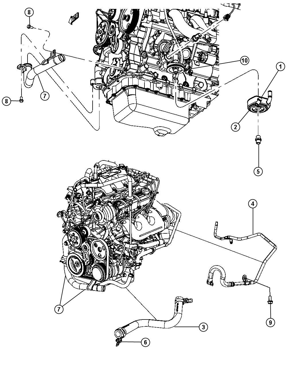 Diagram Engine Oil Cooler And Hoses/Tubes 3.3L [3.3L V6 OHV Engine]. for your Dodge Grand Caravan  