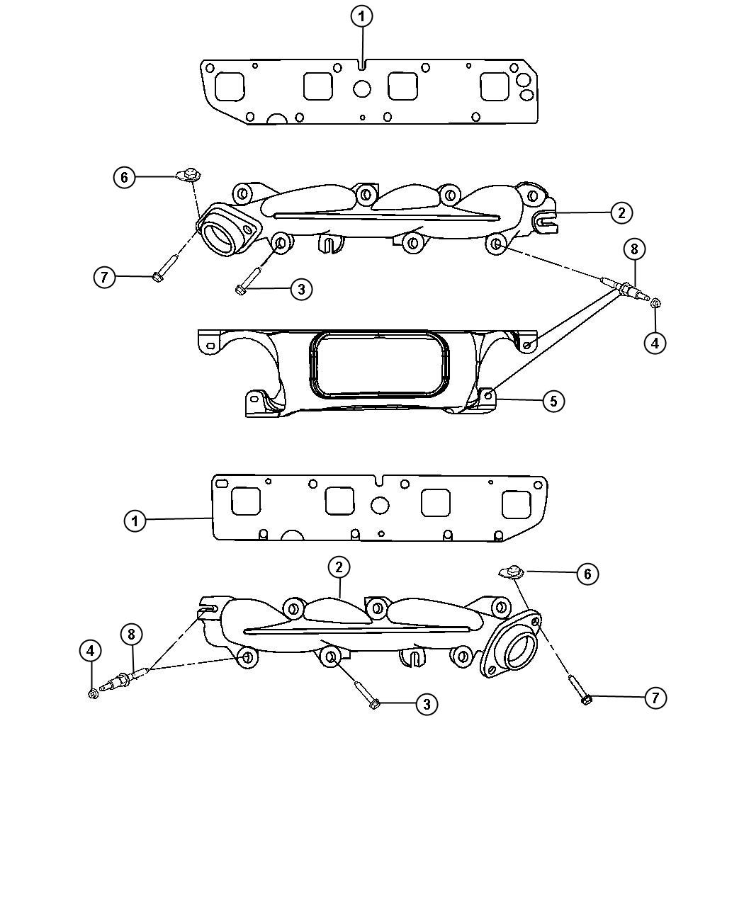 Diagram Exhaust Manifolds And Exhaust Manifold Heat Shields 5.7L [5.7L Hemi VCT MDS Engine]. for your Chrysler