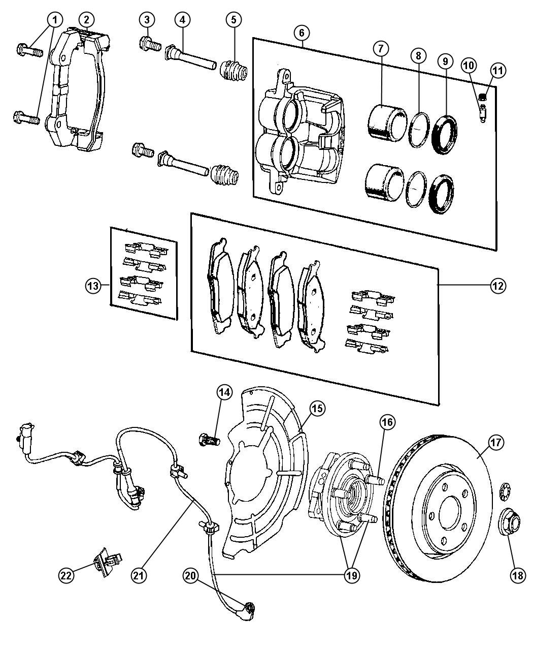 Brakes,Front, 3.7L [3.7L V6 Engine],4.7L [4.7L V8 Engine],3.0L [3.0L V6 Turbo Diesel Engine], 5.7L [5.7L Hemi VCT MDS Engine]. Diagram