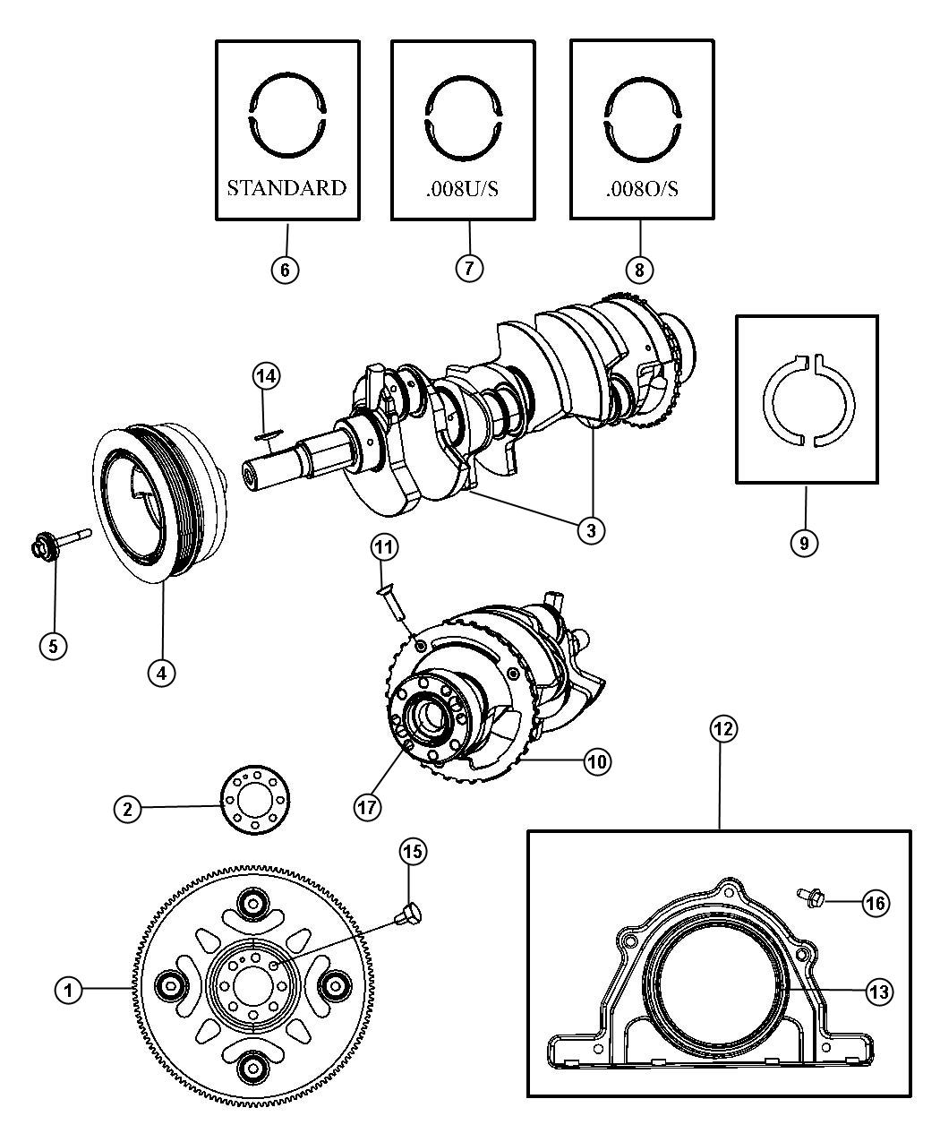 Diagram Crankshaft, Crankshaft Bearings, Damper And Flexplate 6.1L [6.1L SRT HEMI V8 Engine]. for your Jeep