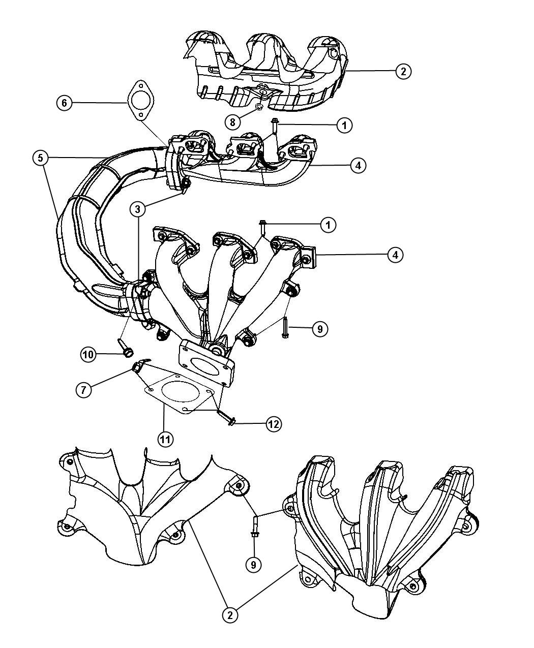 Diagram Exhaust Manifolds And Heat Shields 3.8L [3.8L V6 OHV Engine]. for your Chrysler