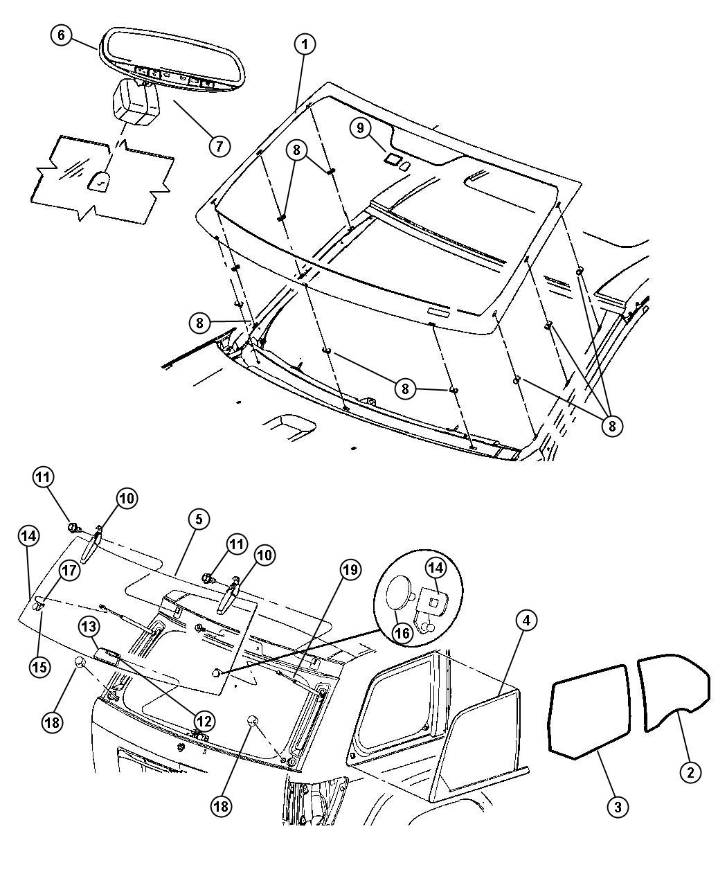 Diagram Glass, Glass Hardware and Interior Mirrors. for your Jeep