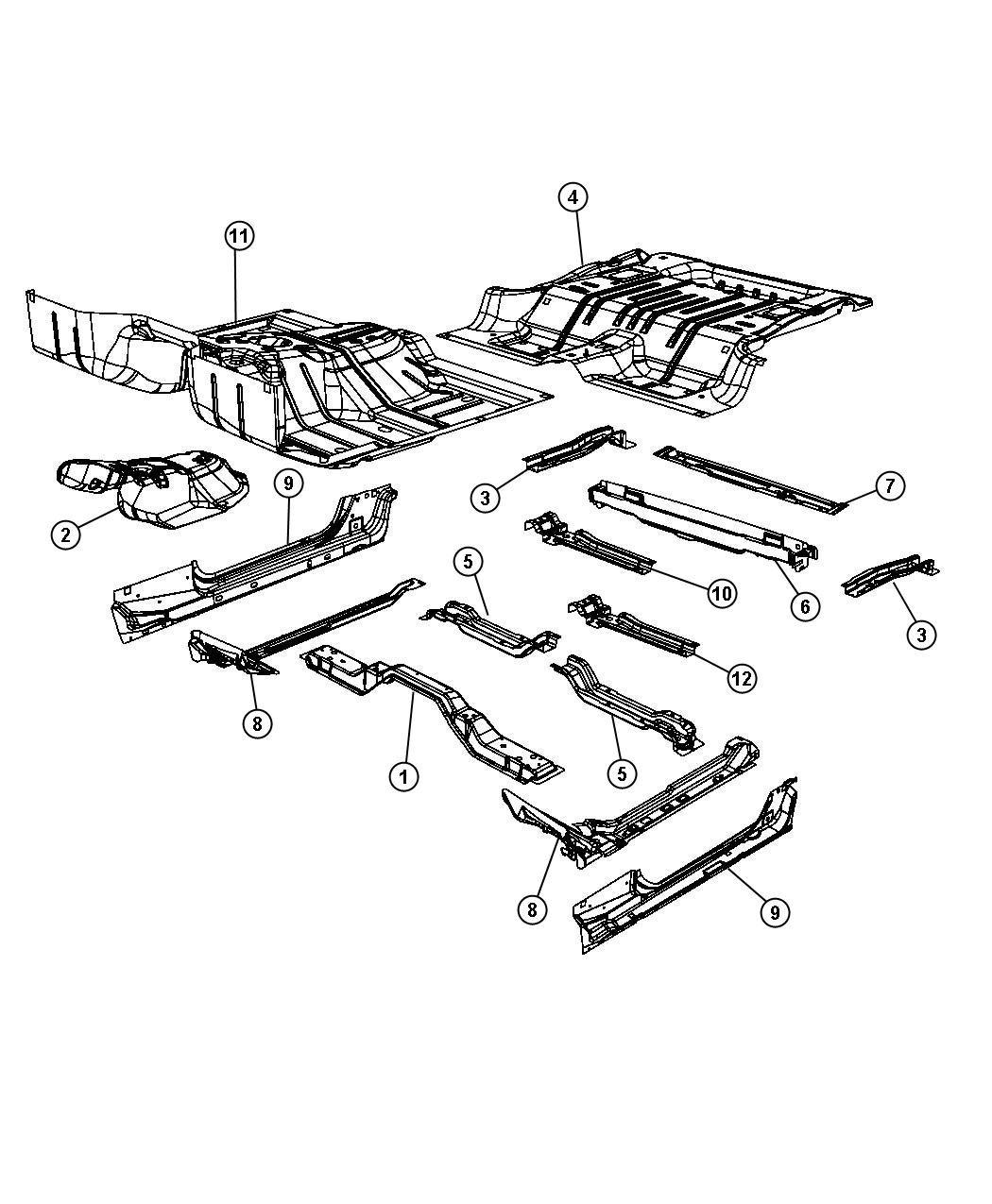 Diagram Front, Center and Rear Floor Pan Body-72. for your Chrysler 300  M