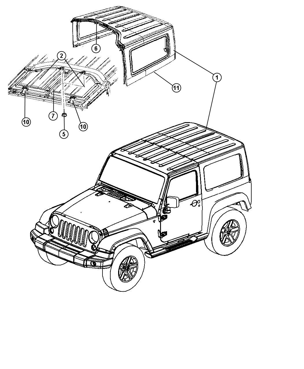 Diagram Hard Top - 2 Door [[ FREEDOM TOP 3-PIECE MODULAR HARD TOP ]]. for your Jeep Wrangler  