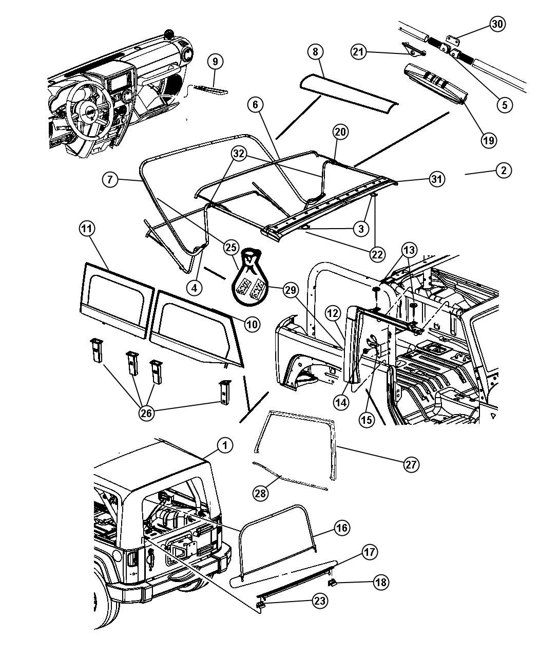 Diagram Soft Top - 2 Door [[ Easy Folding Soft Top ]]. for your Jeep