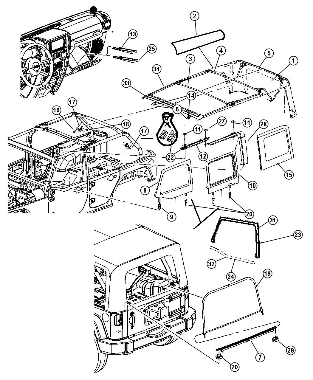 Diagram Soft Top - 4 Door [[ Easy Folding Soft Top ]]. for your 2005 Jeep Wrangler   