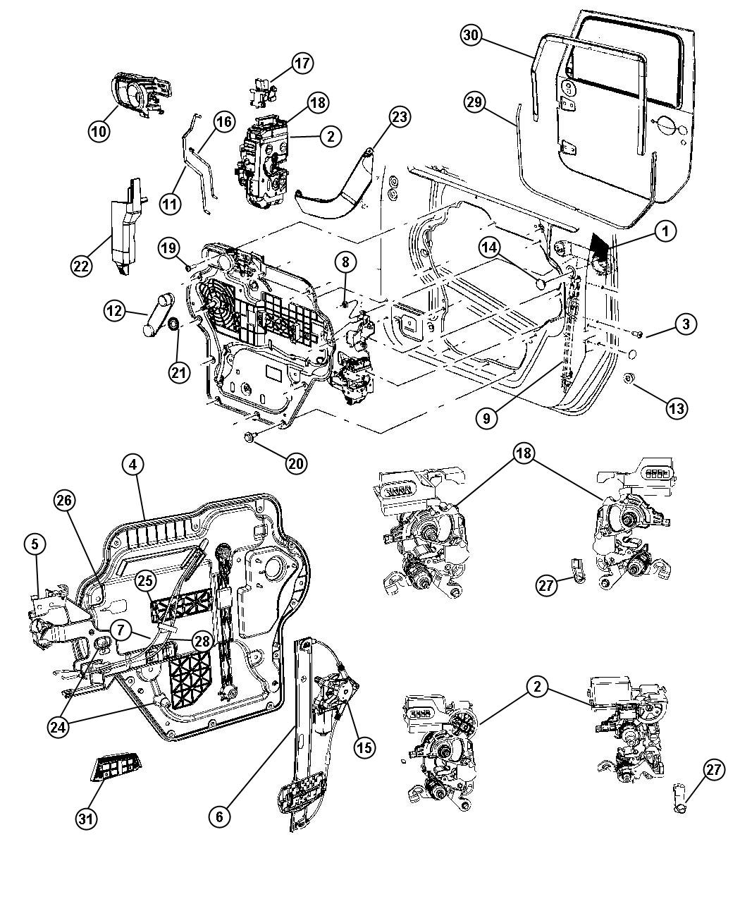 Diagram Front Door, Hardware Components, Full Door. for your 2000 Chrysler 300  M 