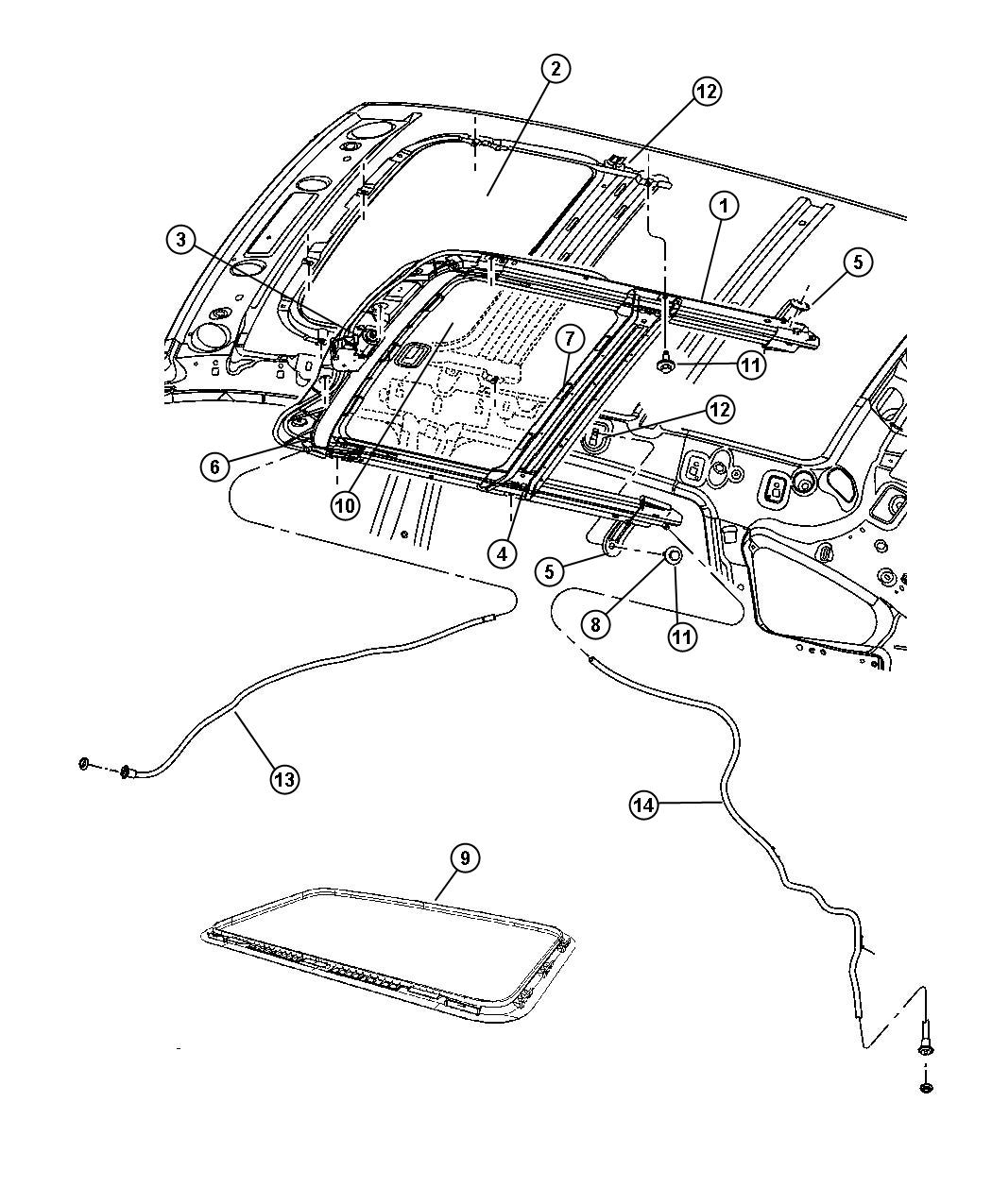 Diagram Sunroof Glass and Component Parts. for your Jeep Commander  