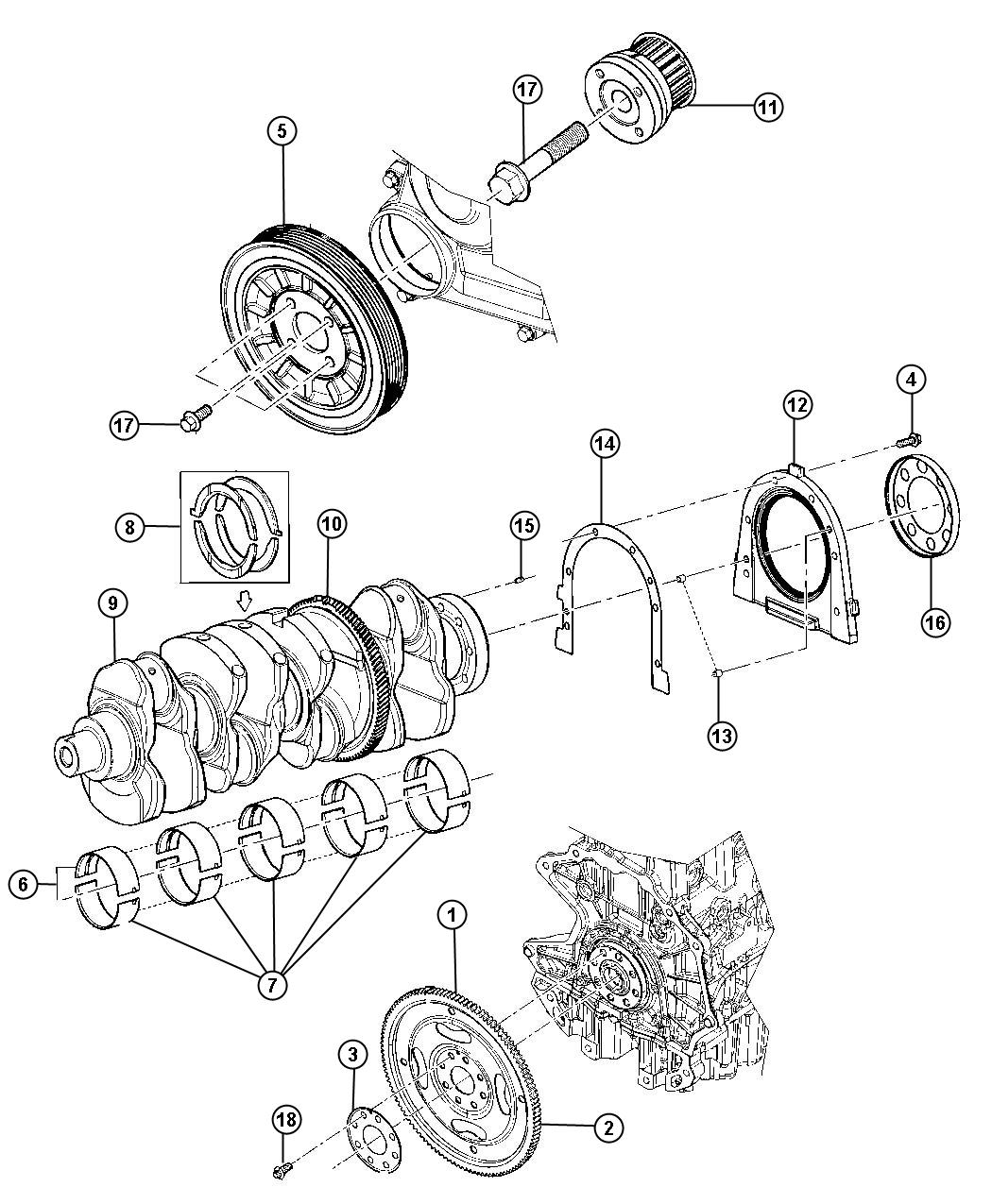 Diagram Crankshaft, Crankshaft Bearings, Damper And Flywheel 2.8L [2.8L I4 TURBO DIESEL ENGINE]. for your 2012 Jeep Wrangler   