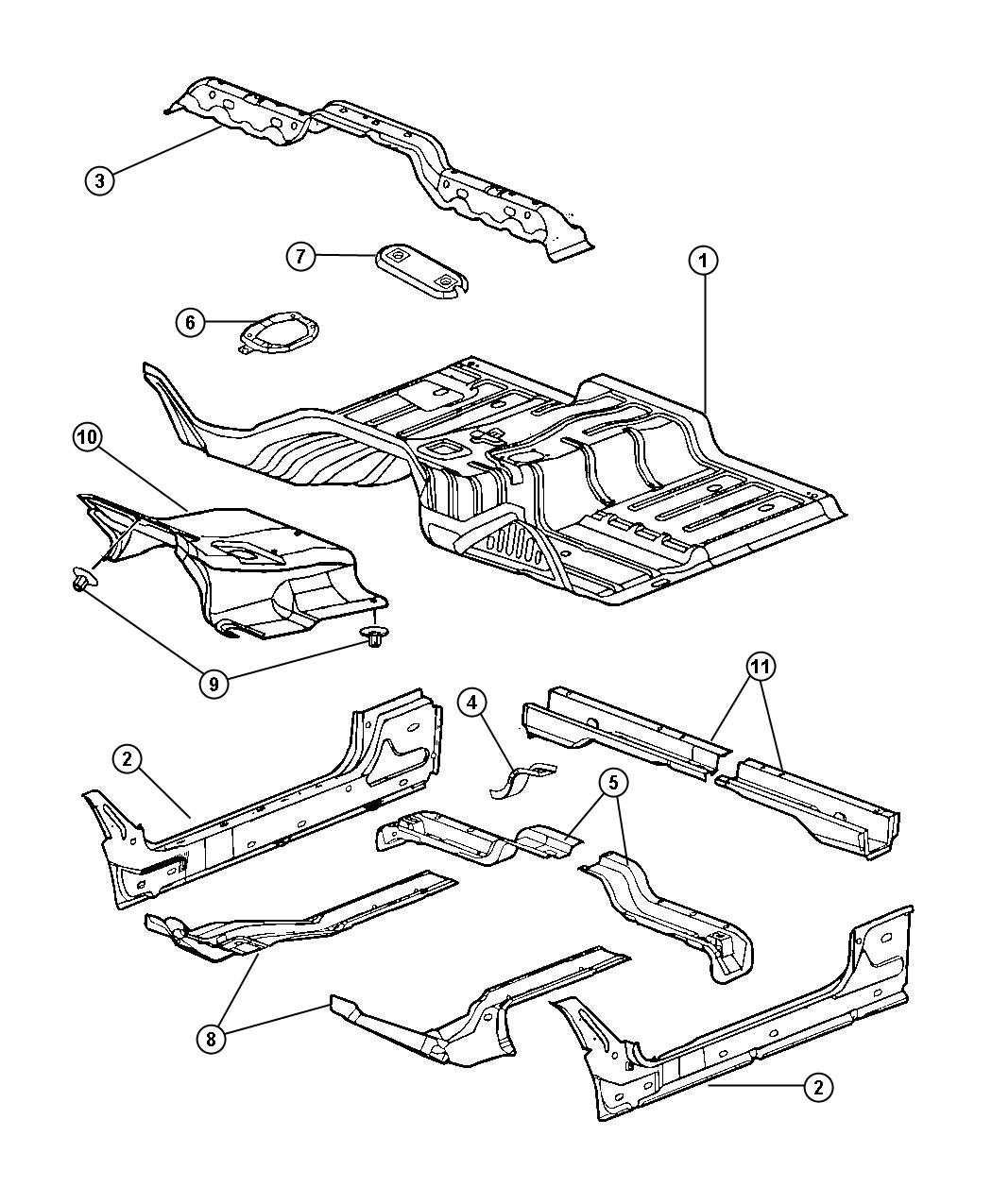 Diagram Front Floor Pan. for your 2000 Chrysler 300  M 