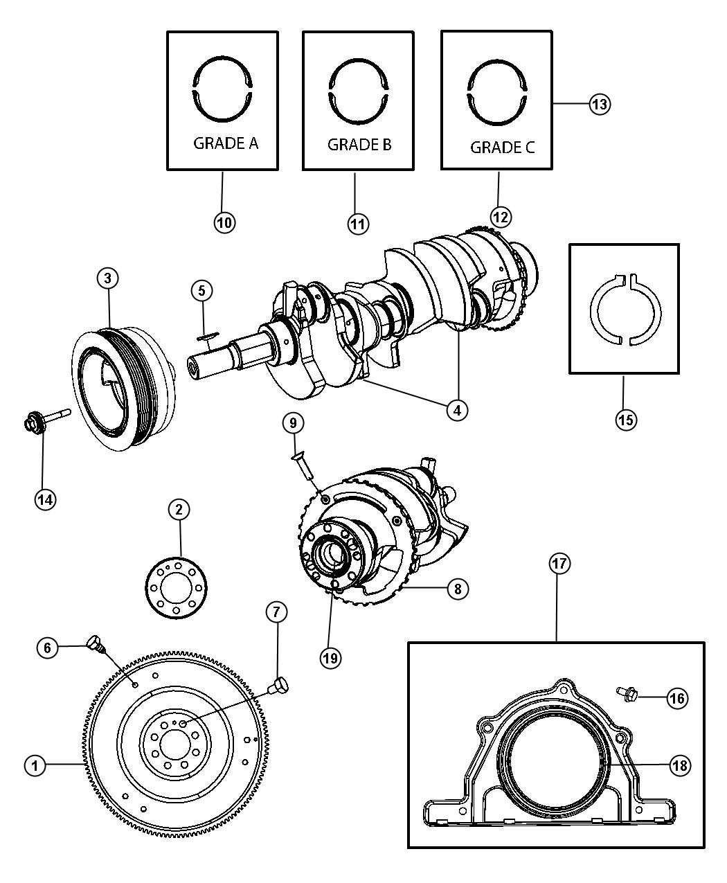 Diagram Crankshaft, Crankshaft Bearings, Damper And Flywheel 5.7L [5.7L Hemi VCT MDS Engine] With MDS. for your Dodge