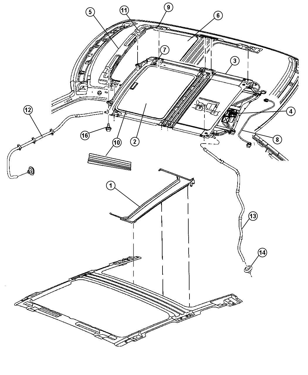 Diagram Sunroof Glass and Component Parts. for your 2001 Dodge Ram 1500   