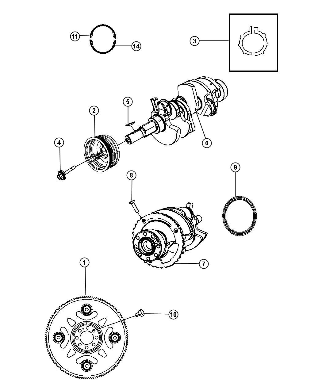 Diagram Crankshaft, Crankshaft Bearings, Damper And Flywheel 2.4L [2.4L 4 Cyl DOHC 16V Dual VVT Engine]. for your 1999 Chrysler 300  M 