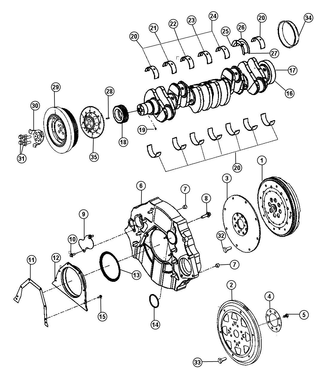 Diagram Crankshaft, Crankshaft Bearings, Damper And Flywheel 5.9L Diesel [5.9L I6 HO CUMMINS TD ENGINE]. for your Chrysler 300  M