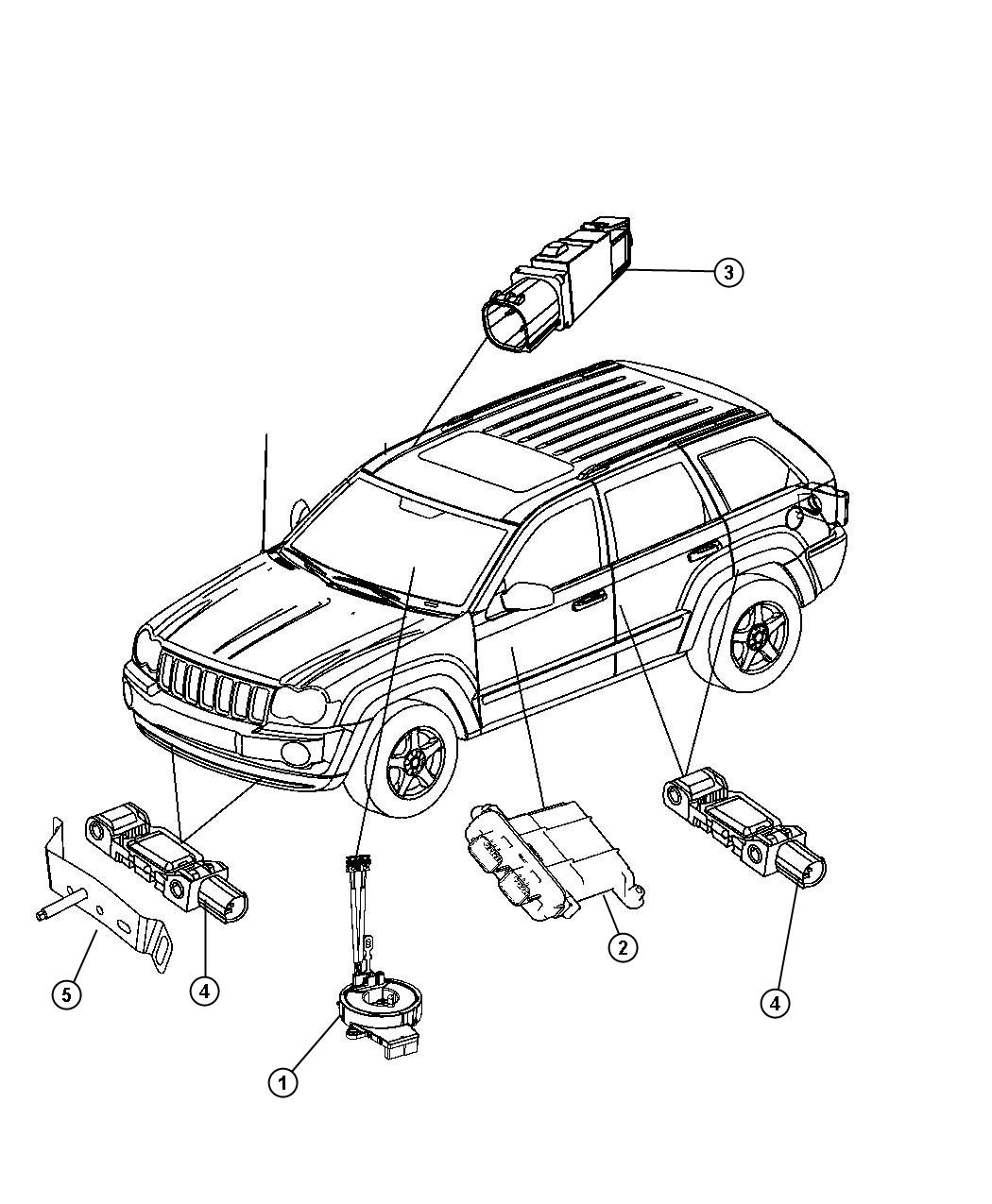 Diagram Air Bag Modules, Impact Sensors and Clock Spring. for your Jeep