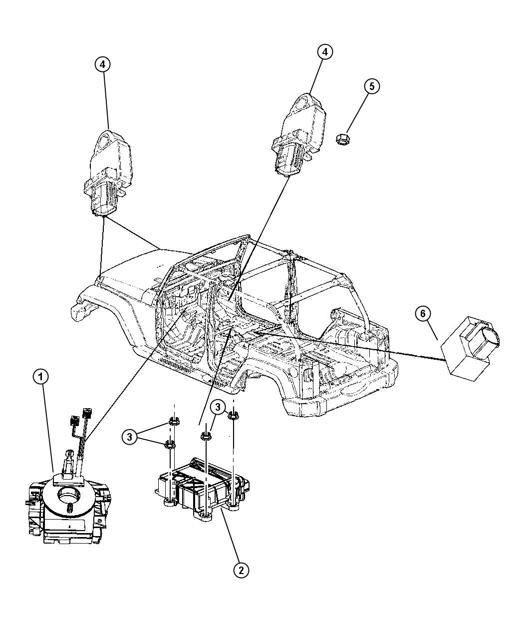 Diagram Air Bag Modules, Impact Sensors and Clock Spring. for your Jeep