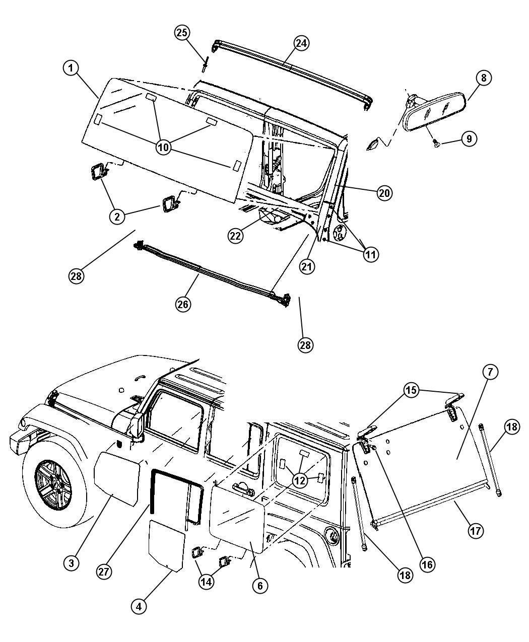 Diagram Glass, Glass Hardware and Interior Mirror. for your Jeep Wrangler  