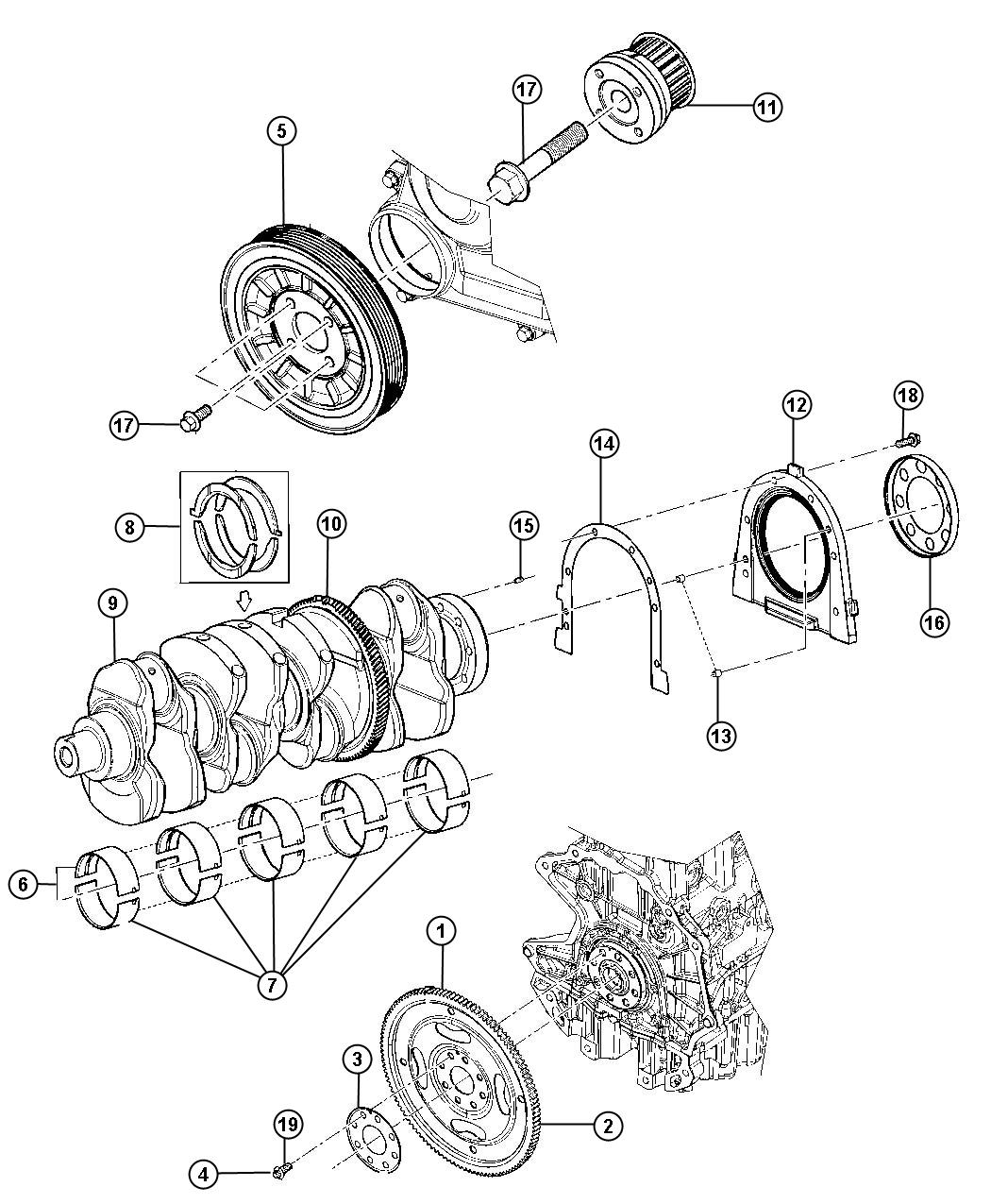 Diagram Crankshaft, Crankshaft Bearings, Damper And Flywheel 2.8L [2.8L I4 TURBO DIESEL ENGINE]. for your 2012 Jeep Wrangler   