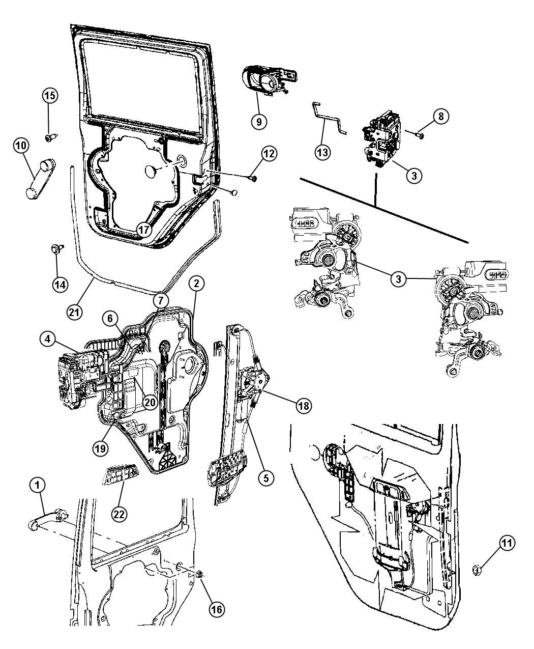 Diagram Rear Door, Hardware Components, Full Door. for your 2021 Jeep Wrangler   