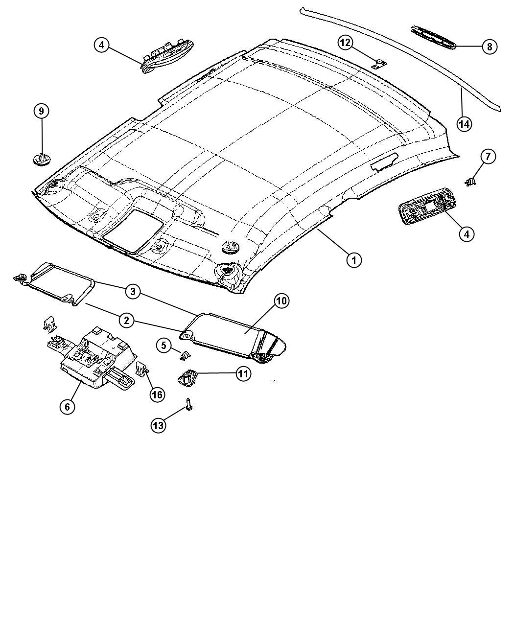 Diagram Headliners and Visors. for your 2010 Dodge Charger   