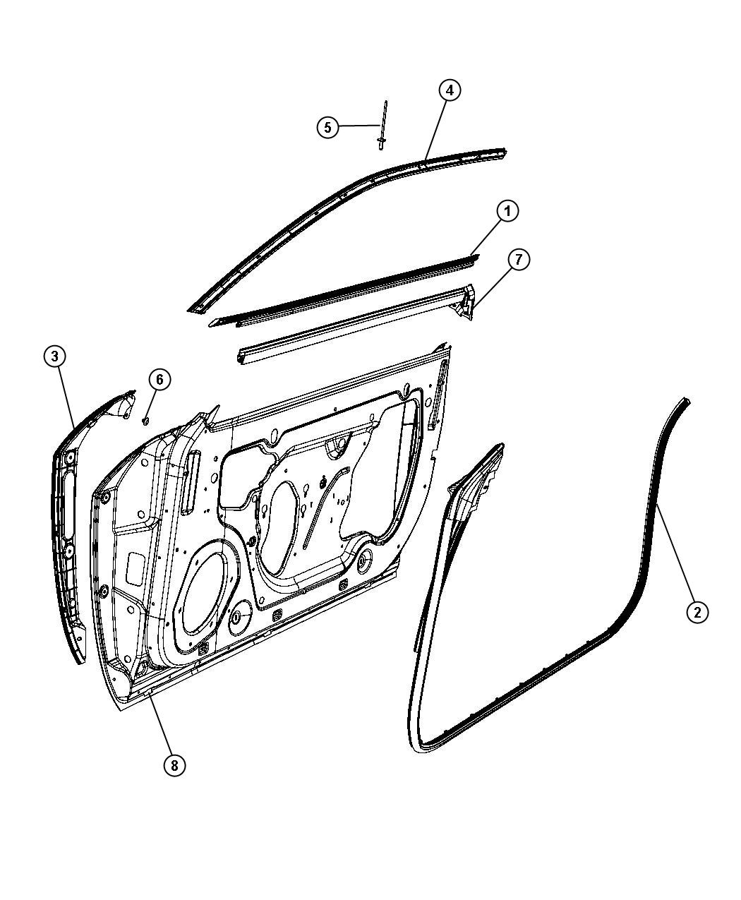 Diagram Weatherstrips, Front Door. for your 2010 Dodge Challenger SRT8 6.1L Hemi SRT V8 A/T 