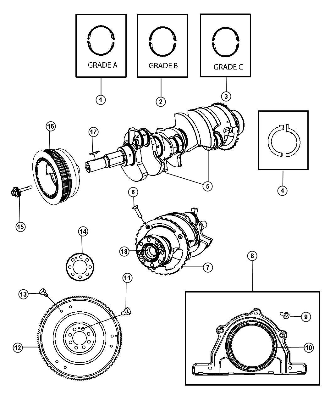 Crankshaft, Crankshaft Bearings, Damper And Flywheel 5.7L [5.7L V8 HEMI MDS VCT Engine] With MDS. Diagram