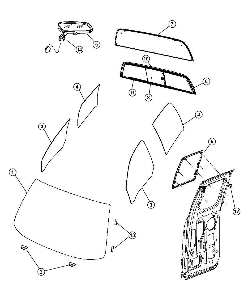 Diagram Glass, Glass Hardware and Interior Mirrors. for your Dodge