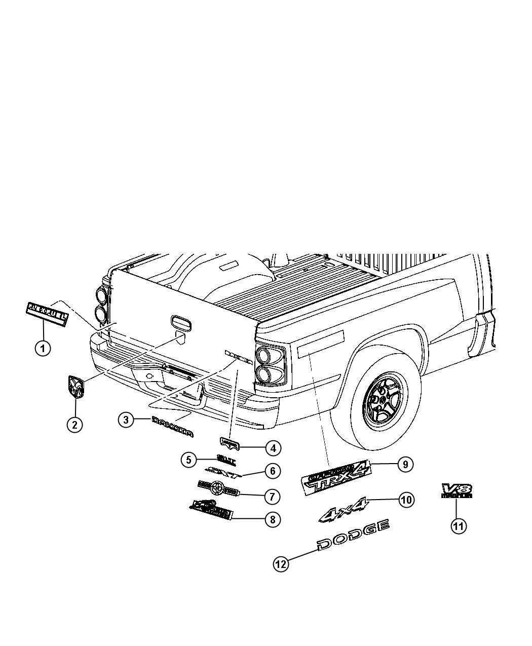 Diagram Nameplates, Emblems and Medallions. for your Dodge Dakota  