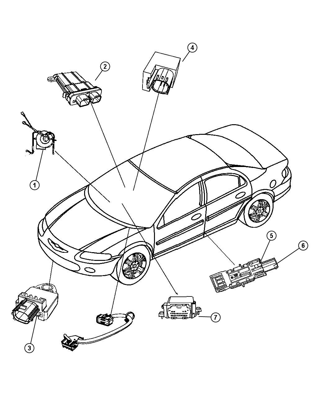 Diagram Air Bag Modules, Impact Sensors and Clock Spring. for your 2010 Chrysler Sebring   