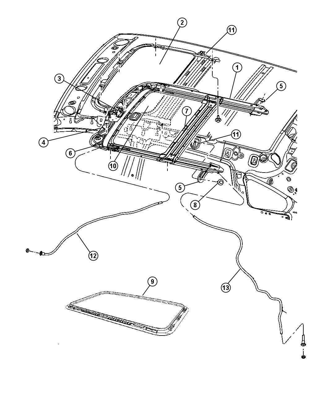 Diagram Sunroof Glass and Component Parts. for your 2022 Fiat 500X   