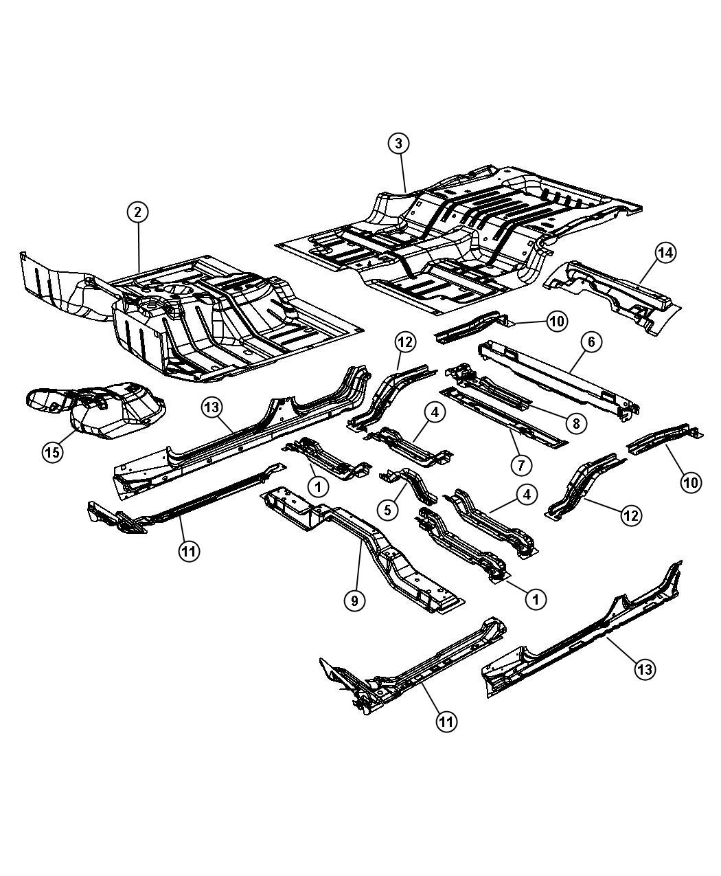 Diagram Front ,Center and Rear Floor Pan Body-74. for your 2023 Jeep Wrangler   