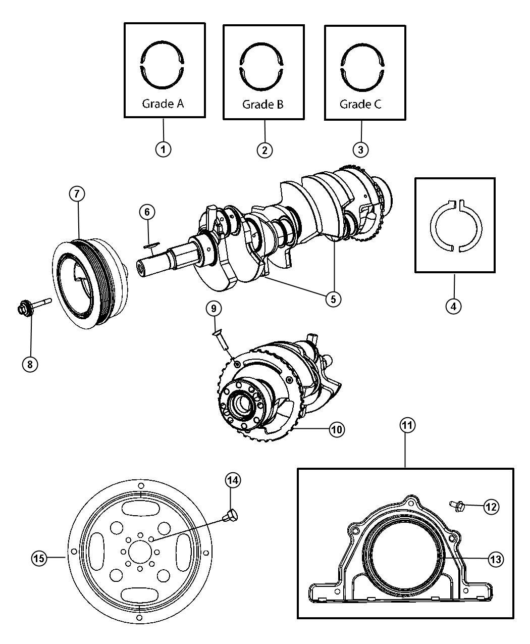 Diagram Crankshaft, Crankshaft Bearings, Damper And Flywheel 5.7L HEV [5.7L V8 HEMI HEV Engine]. for your 2001 Chrysler 300  M 