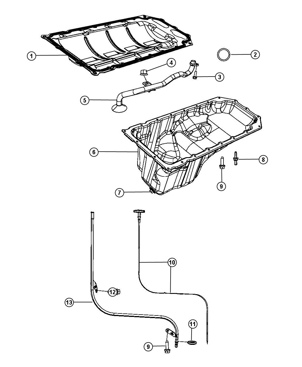 Diagram Engine Oil Pan, Engine Oil Level Indicator and Related Parts 5.7L HEV [5.7L V8 HEMI HEV Engine]. for your 2007 Dodge NITRO   