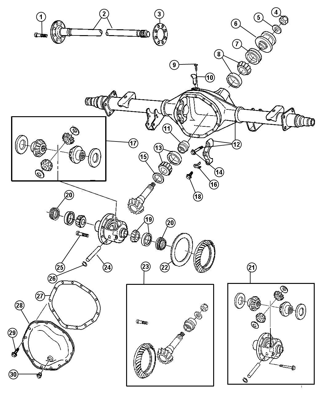 Diagram Axle Housing, Rear, With Differential Parts and Axle Shafts, American Axle 11.5. for your 2004 Chrysler 300  M 