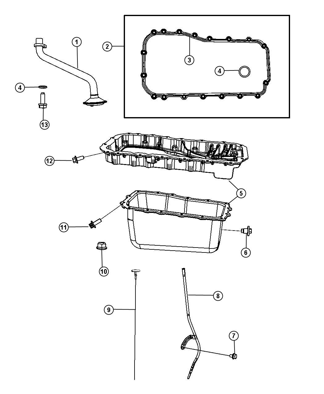 Diagram Engine Oil Pan, Engine Oil Level Indicator And Related Parts 3.8L [3.8L V6 SMPI Engine]. for your 2014 Chrysler Town & Country   