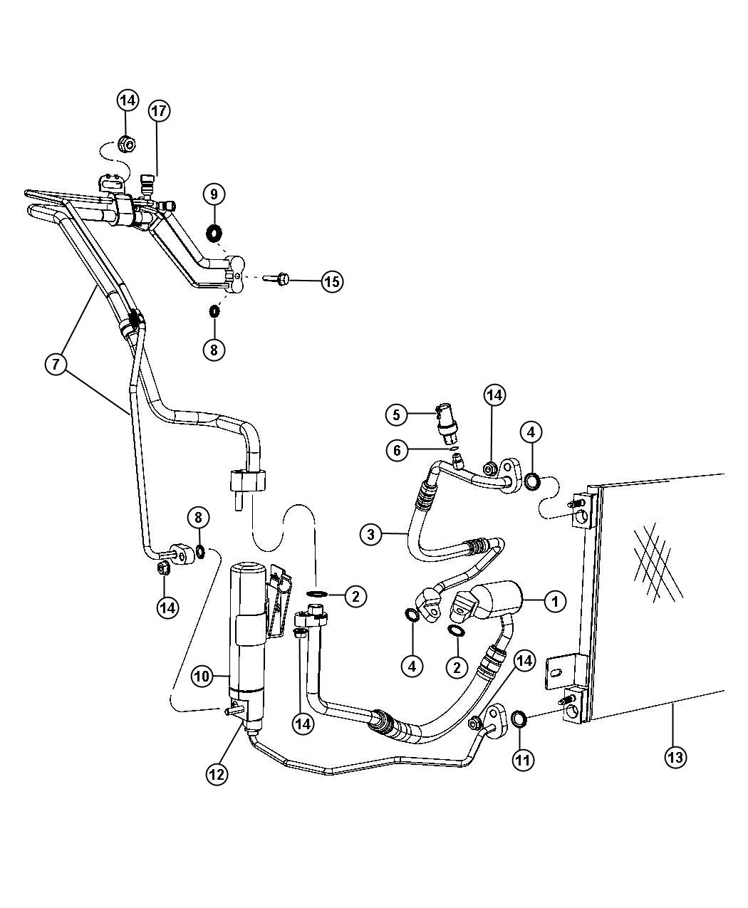 Diagram A/C Plumbing 2.0L [2.0L I4 DOHC 16V DUAL VVT ENGINE] 2.4L [2.4L I4 DOHC 16V DUAL VVT ENGINE]. for your Jeep