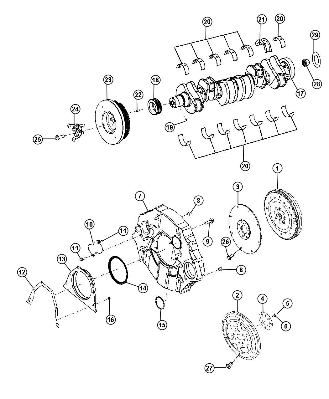 Diagram Crankshaft, Crankshaft Bearings, Damper And Flywheel 6.7L Diesel [6.7L Cummins Turbo Diesel Engine]. for your Ram 3500  