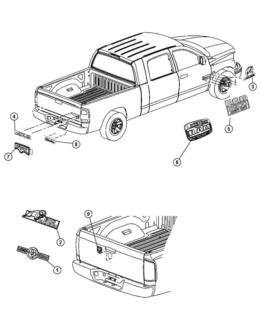 Diagram Nameplates, Emblems and Medallions. for your Dodge Dakota  