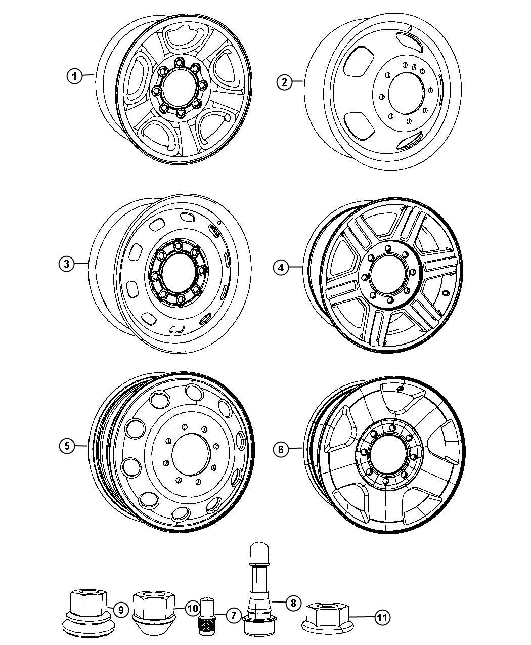 Diagram Wheels and Hardware. for your 2011 Ram 3500 6.7L Turbo I6 Diesel M/T Laramie Longhorn Crew Cab 